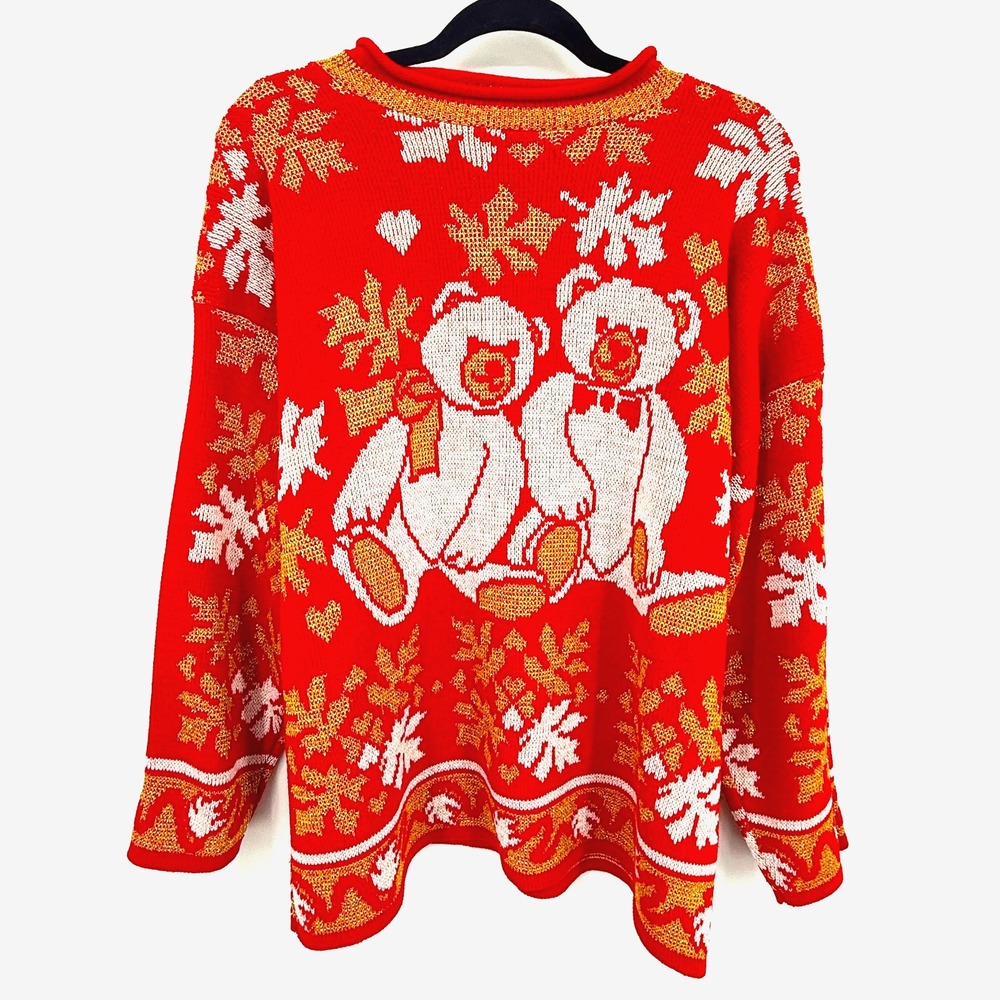 Holiday Time Christmas Sweater Womens L Red Metallic Gold Bears Novelty‎ Vintage